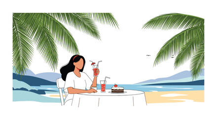 Fototapeta premium Young woman enjoying delicious cake and refreshing cocktails at a beachfront table under tropical palm trees during summer vacation.