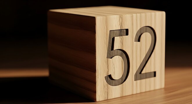 Wooden block with the number fifty two prominently displayed against a dark background