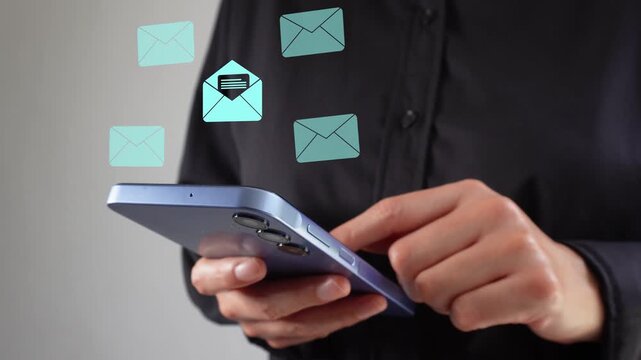 Businesswoman with smartphone in hand with an animation of several closed and one open mail envelope icons