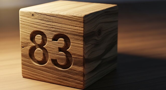 A wooden block with the number eighty three carved into its surface