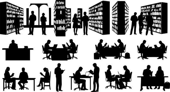 Silhouettes of people reading and working in a library with bookshelves and desks depicted in black | editable eps vectors
