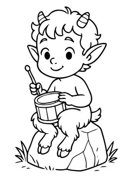 Cute Satyr Playing Drum: An adorable satyr figure, with horns and animal legs, engrossed in playing a small drum on a stone, bringing forth a whimsical tune.