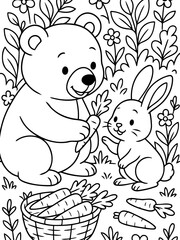 Fototapeta premium Friendship in the Garden: A sweet illustration showcases a friendly bear offering a carrot to an adorable rabbit in a whimsical garden setting.