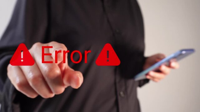 A businesswoman holding a smartphone points forward at an "Error" animation with warning signs. Warning message indicating a computer error.