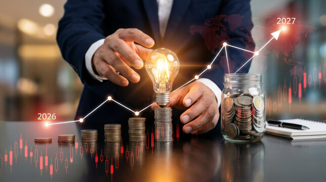 Global economic inflation crisis recession risk businessperson hand lightbulb coin stack and jar with growth chart planning investment strategy
