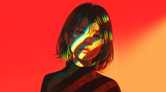 カラフルな光が差し込む若い女性のポートレートイラスト