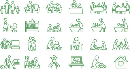 Fototapeta premium Diverse collection of green outline family icons, showcasing daily activities and heartwarming domestic scenes.