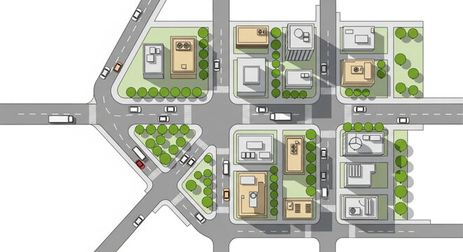 Aerial view of a modern city block with buildings and roads.