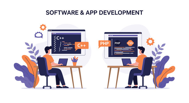 Two professional software developers working on computers and coding apps in different languages like C++, PHP, and CSS.