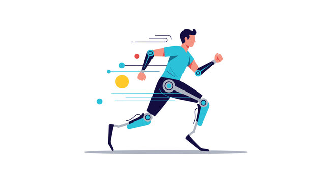 Athletic person with advanced bionic prosthetic legs running at high speed against a clean white background with motion graphics.