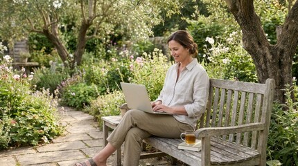 Fototapeta premium Woman working on laptop in peaceful garden setting with flowers