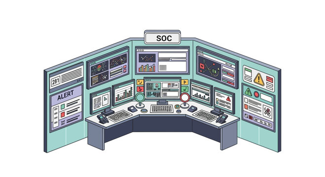Modern security operations center with multiple computer monitors illustration