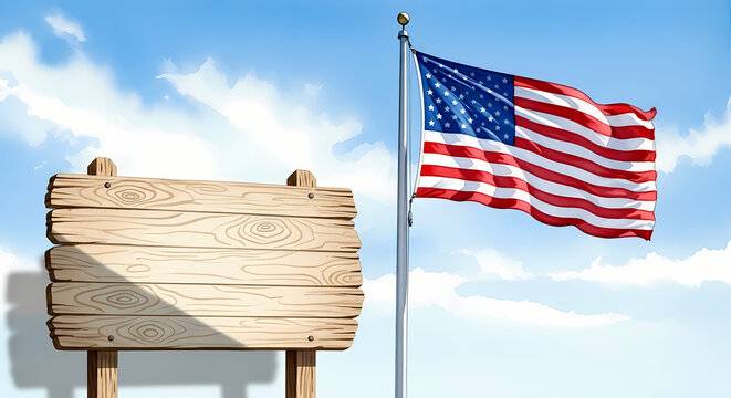 An American flag waves next to a blank wooden sign National Flag Week