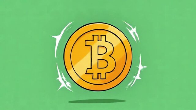 2D Cartoon Gold BitCoin Bounce and Spin Animation Green Screen, crypto currency concept.