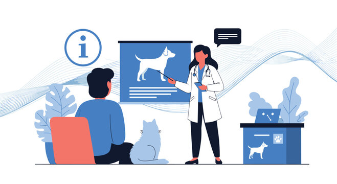 Female veterinarian explaining medical condition to pet owner using dog anatomy chart while cat sits patiently in clinic.