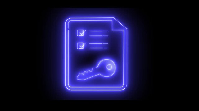 Animated neon light effect icon of a document and a key creates a glowing effect. Symbolizes security, access, or granted permissions. Ideal for digital rights.