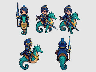 pixel art character spritesheet of a noble cavalier knight in blue armor riding a loyal teal seahorse mount with lance. © Raka Firdaus 