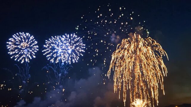 Static shot of vibrant fireworks exploding against a subtle gradient night sky