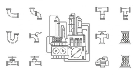 Naklejka premium Industrial plant schematic with various pipe fittings and components.