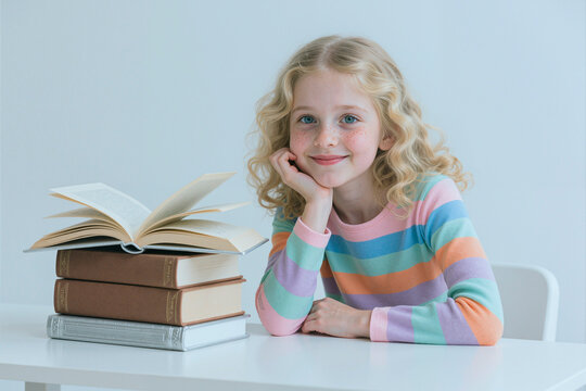 Portrait of Caucasian child girl sitting by stacked books, smiling at camera, suggesting reading education and literacy. Useful for school campaigns, tutoring ads, learning content