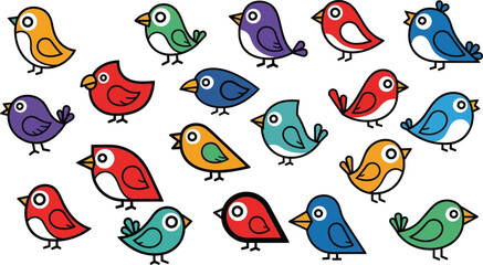Obraz premium Collection of colorful cartoon birds with black outlines on a white background, cute