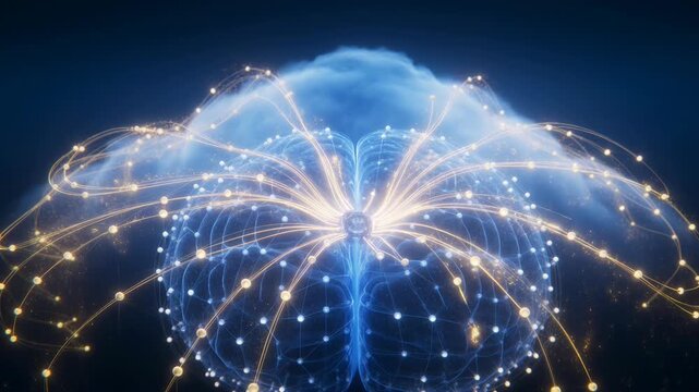 Digital neural network with glowing connections and a cloud