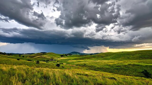 Dramatic Storm Clouds Over Rolling Green Hills Landscape Scene.