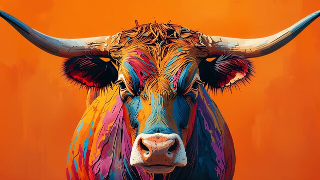 Front facing longhorn cow with brightly colored painted fur stands against a solid orange background