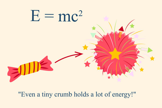 Fun cartoon illustration of Einstein's E=mc&sup2; formula: a tiny candy transforms into a massive energy explosion, explaining mass-energy equivalence in a playful, kid-friendly style.