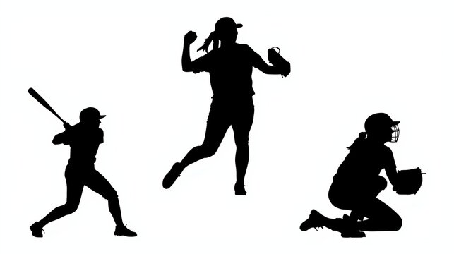 Black silhouettes of three women playing softball in different positions including batting pitching and catching as a team during a professional game isolated on white background