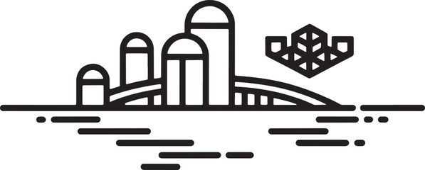 Fototapeta premium Modern 4 building cityscape architecture with bridge and abstract water line art vector