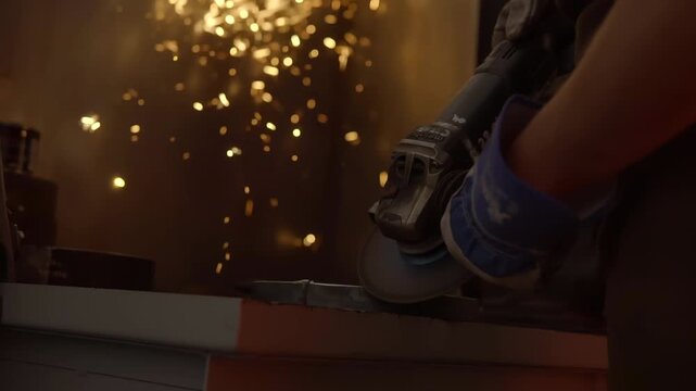 Industrial Metal Grinding with Sparks in Dark Workshop
Close-up shot of a worker using an angle grinder to cut or polish metal, creating a dramatic shower of bright sparks in a dark industrial