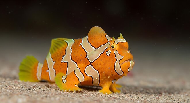 Vibrant orange frogfish resting on sandy seabed marine underwater