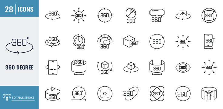 360 degree views icon set. Icons Includes indicate the rotation or panoramas to 360 degrees. Outline icon set. Vector illustration with editable stroke