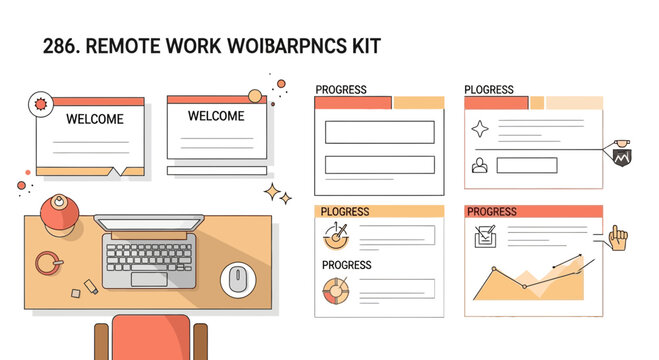 Remote work concept with laptop and design elements on wooden table