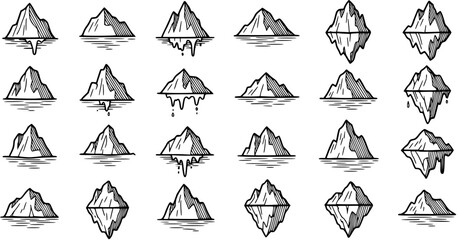 Black and White Line Art Iceberg Icons, Vector Set © pixsource