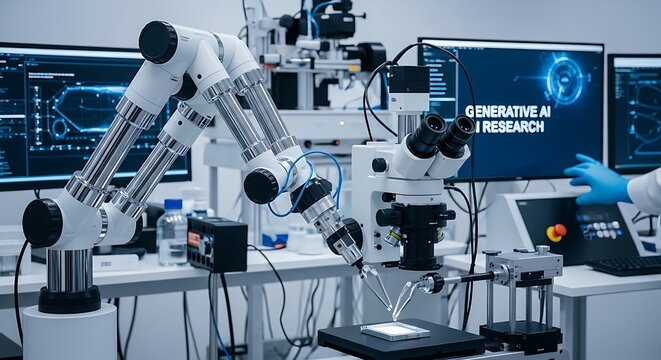 Advanced robotic arm precisely manipulates a sample under a high-magnification optical instrument in a modern research facility
