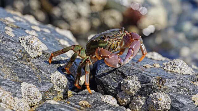 Closeup of a small crab on a rocky shore during the day.