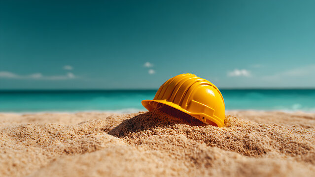 A bright yellow safety helmet lay partially buried in the sand on a sunny beach.