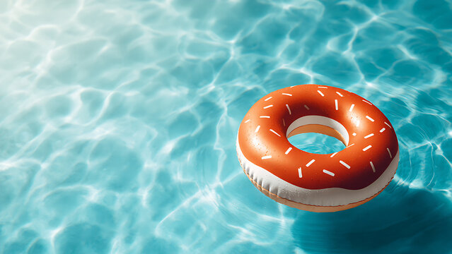 Orange and white donut-shaped pool floats in the clear blue water, reflecting the sunlight.