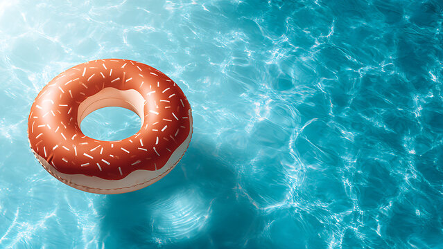 Orange and white donut-shaped pool floats in the clear blue water, reflecting the sunlight.