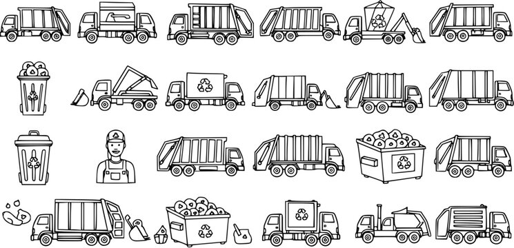 Black and White Line Art Collection of Garbage Trucks and Bins for Waste Management Industry