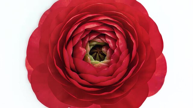 Closeup of a vibrant red ranunculus flower in full bloom.