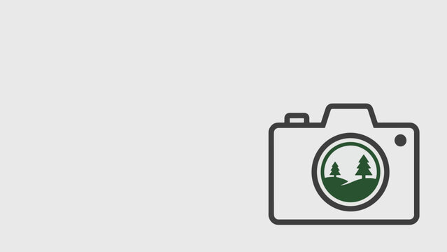 Outline icon of a camera with a green landscape scene featuring pine trees and hills inside the lens, on a light gray background.
