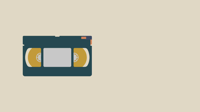 A flat design illustration of a vintage dark teal VHS video cassette tape with golden reels on a light beige background, representing old media.