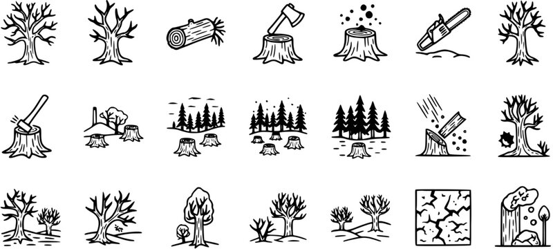 Black and White Line Art Icons Representing Deforestation, Tree Felling, and Wood Industry