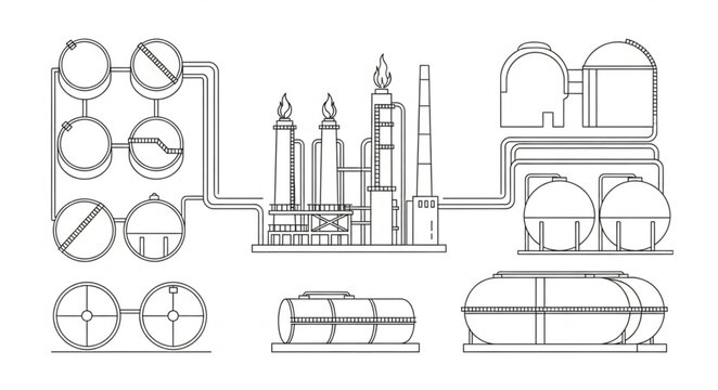 Industrial plant schematic diagram with tanks and towers.