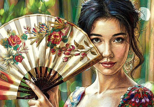 coy demure Asian woman holding decorative bamboo fan to her face