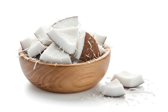 Chunks of fresh coconut in a wooden bowl on white background