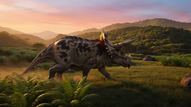 Triceratops Walking through Prehistoric Valley at Sunset